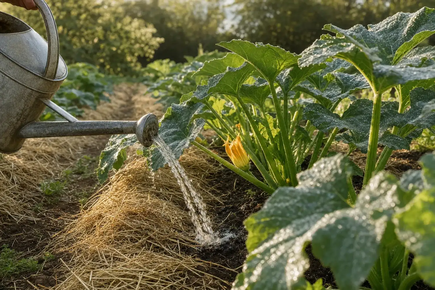 Arrosoir en zinc versé au pied des courgettes couvertes de rosée au lever du jour, le bon moment pour arroser le potager en été
