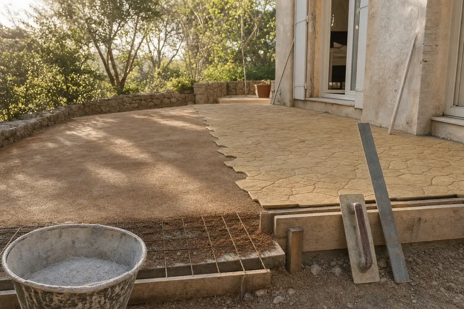 Chantier de béton imprimé au matin : matrices motif pierre posées sur la dalle fraîche, la mise en œuvre qui fait le prix au m2