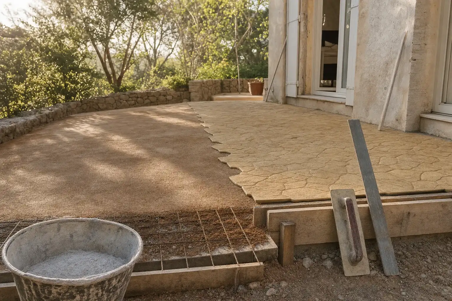 Chantier de béton imprimé au matin : matrices motif pierre posées sur la dalle fraîche, la mise en œuvre qui fait le prix au m2