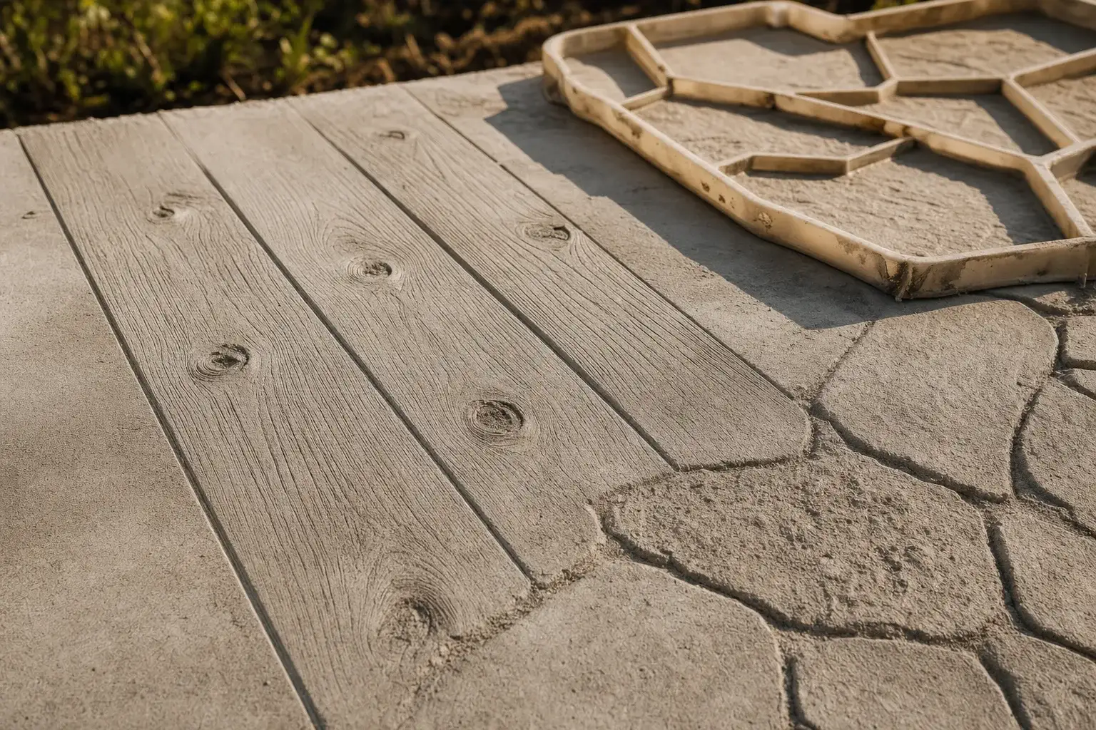 Empreinte imitation planches de bois veinées à côté d'une matrice en polyuréthane motif pierre, sur dalle fraîchement décoffrée
