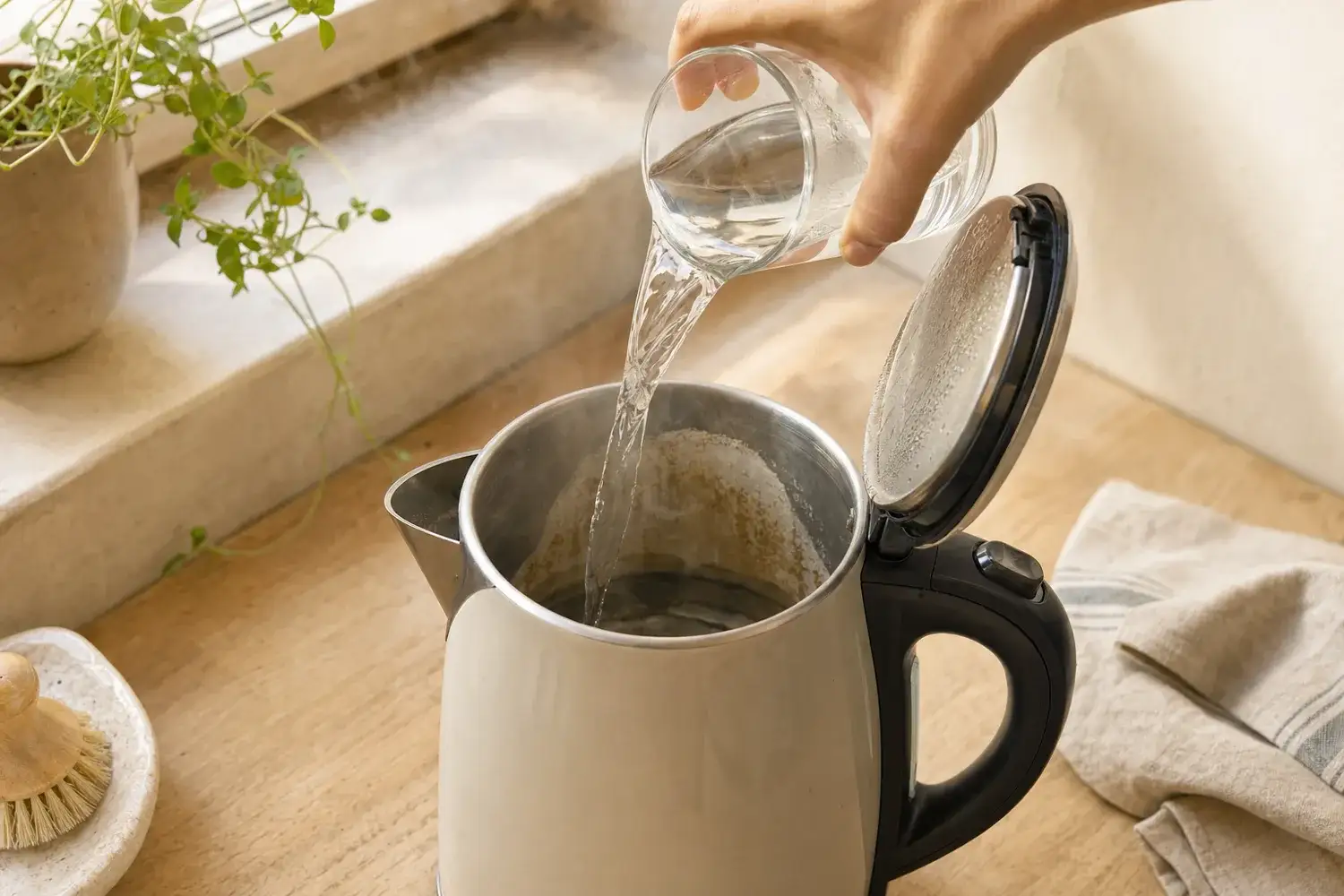 Filet de liquide clair versé depuis un verre doseur sur le fond blanchi d'un appareil ouvert, lumière latérale du matin