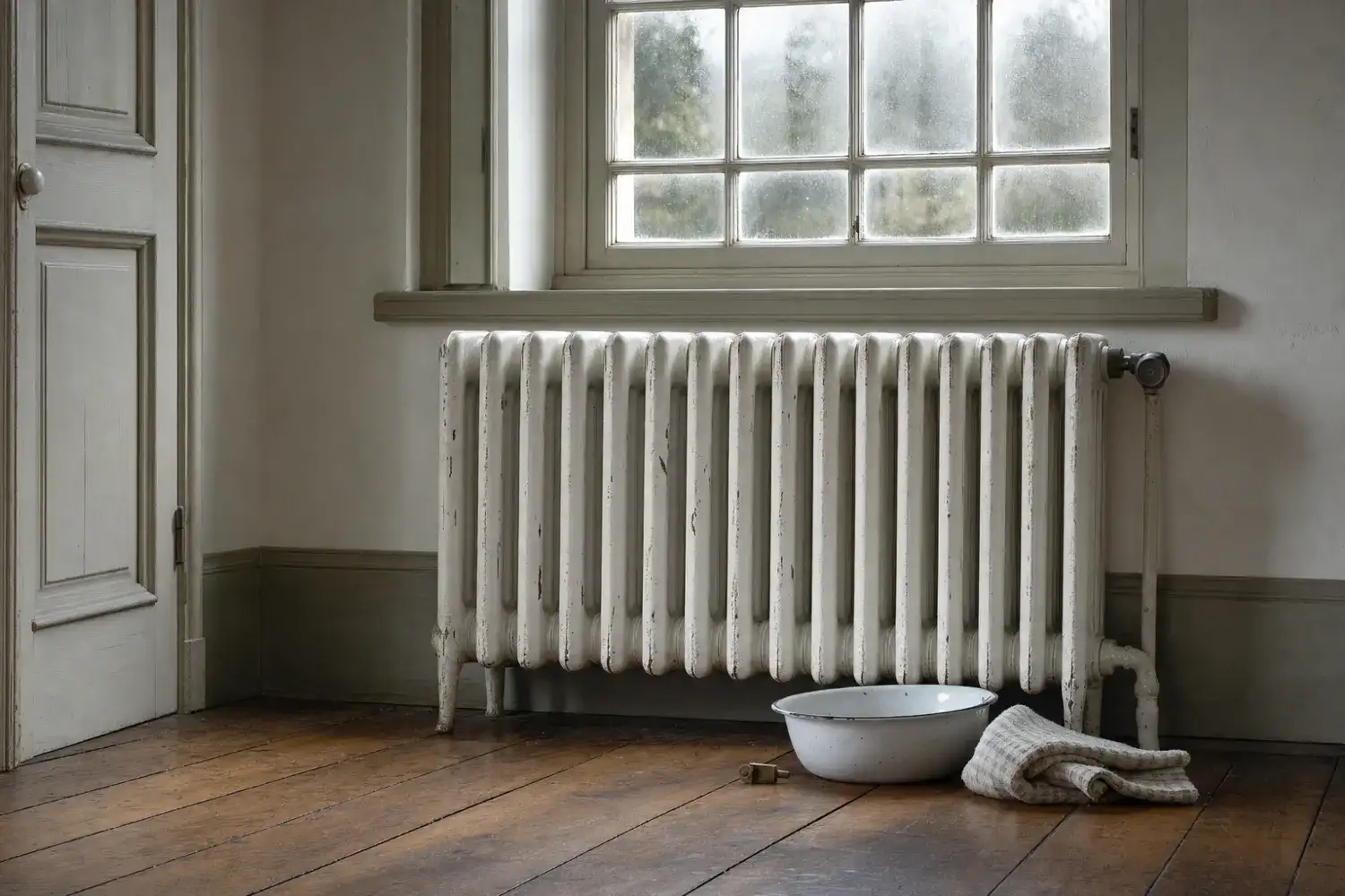 Radiateur en fonte sous une fenêtre embuée au premier matin froid, clé de purge, bol et chiffon posés au sol