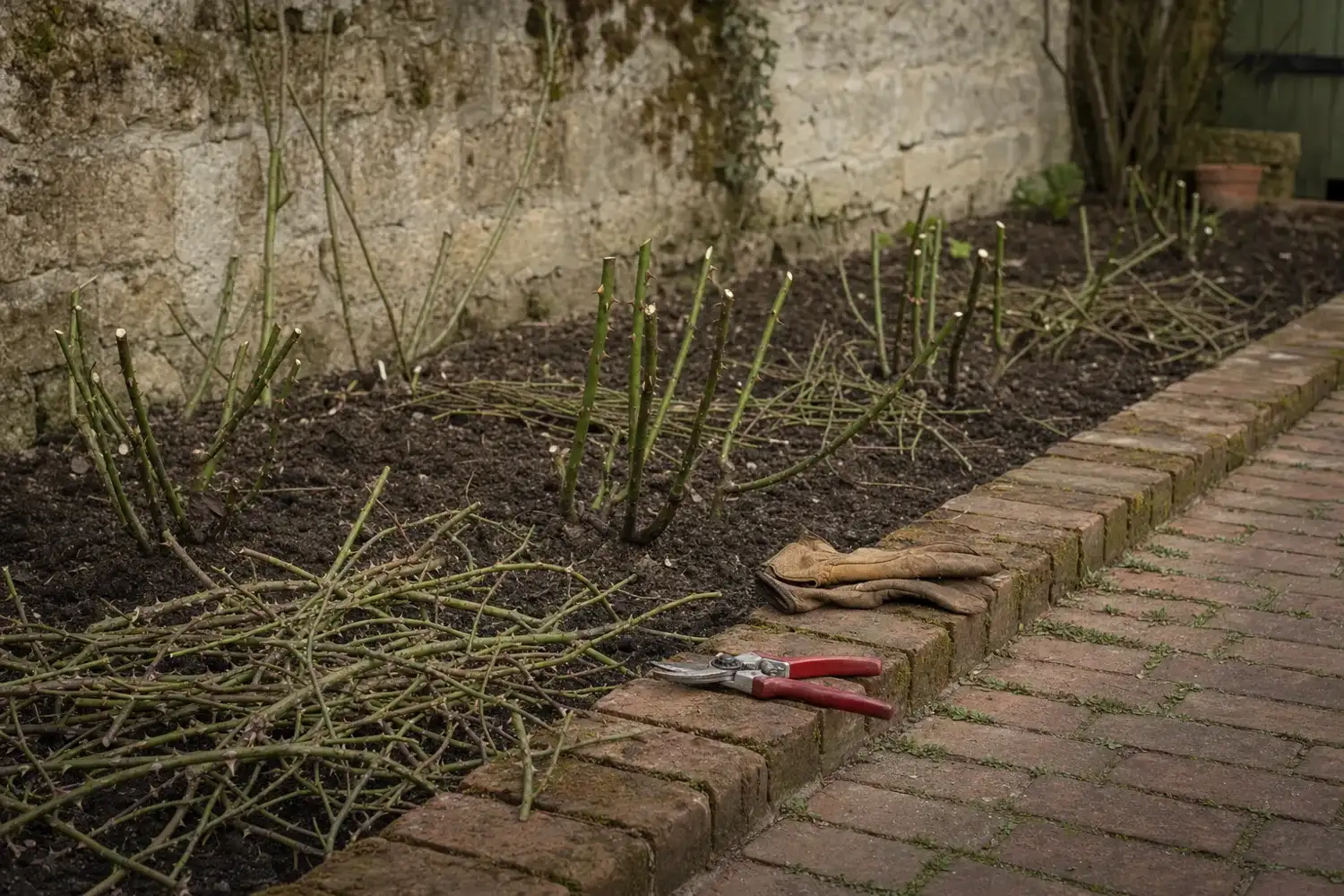 Massif de rosiers buissons rabattus court en fin d'hiver, coupes fraîches au sommet des tiges, sécateur et gants posés sur la bordure