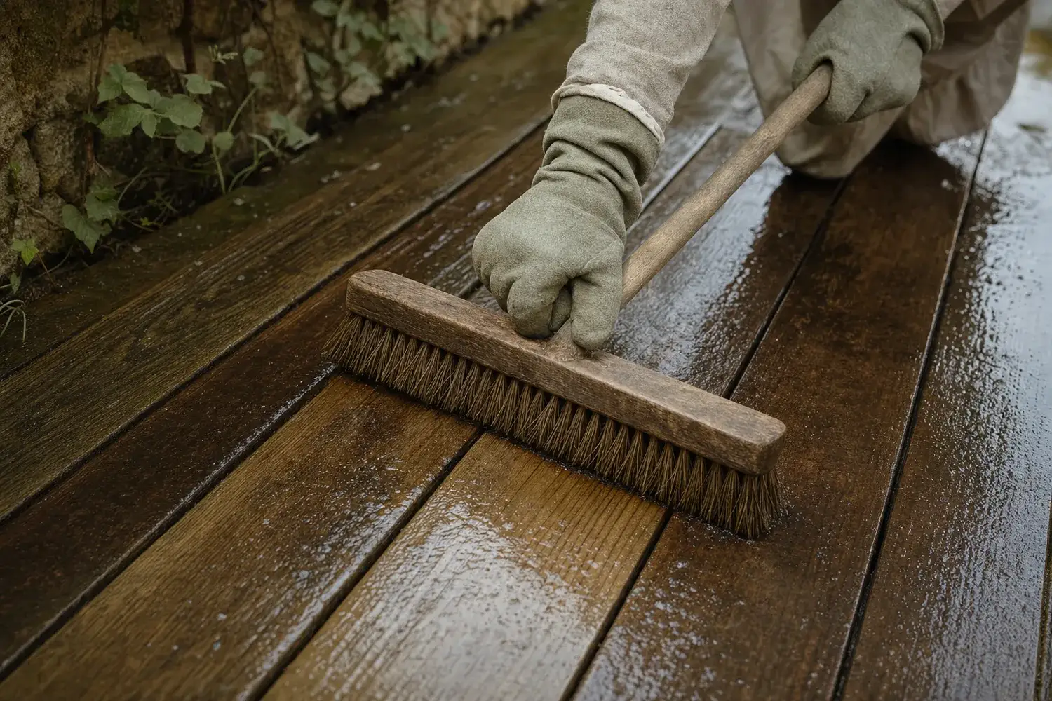 Mains gantées guidant une brosse sur une surface humide assombrie, dans la lumière douce du matin