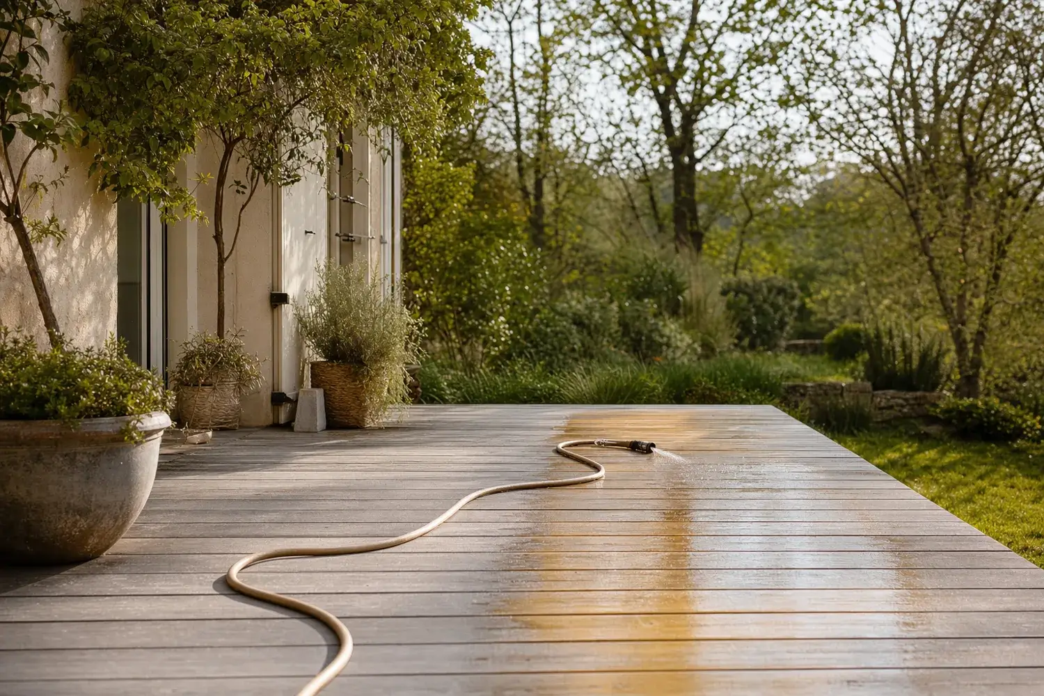 Terrasse en bois grisée dont une zone mouillée révèle la teinte blonde d'origine, avant dégrisage