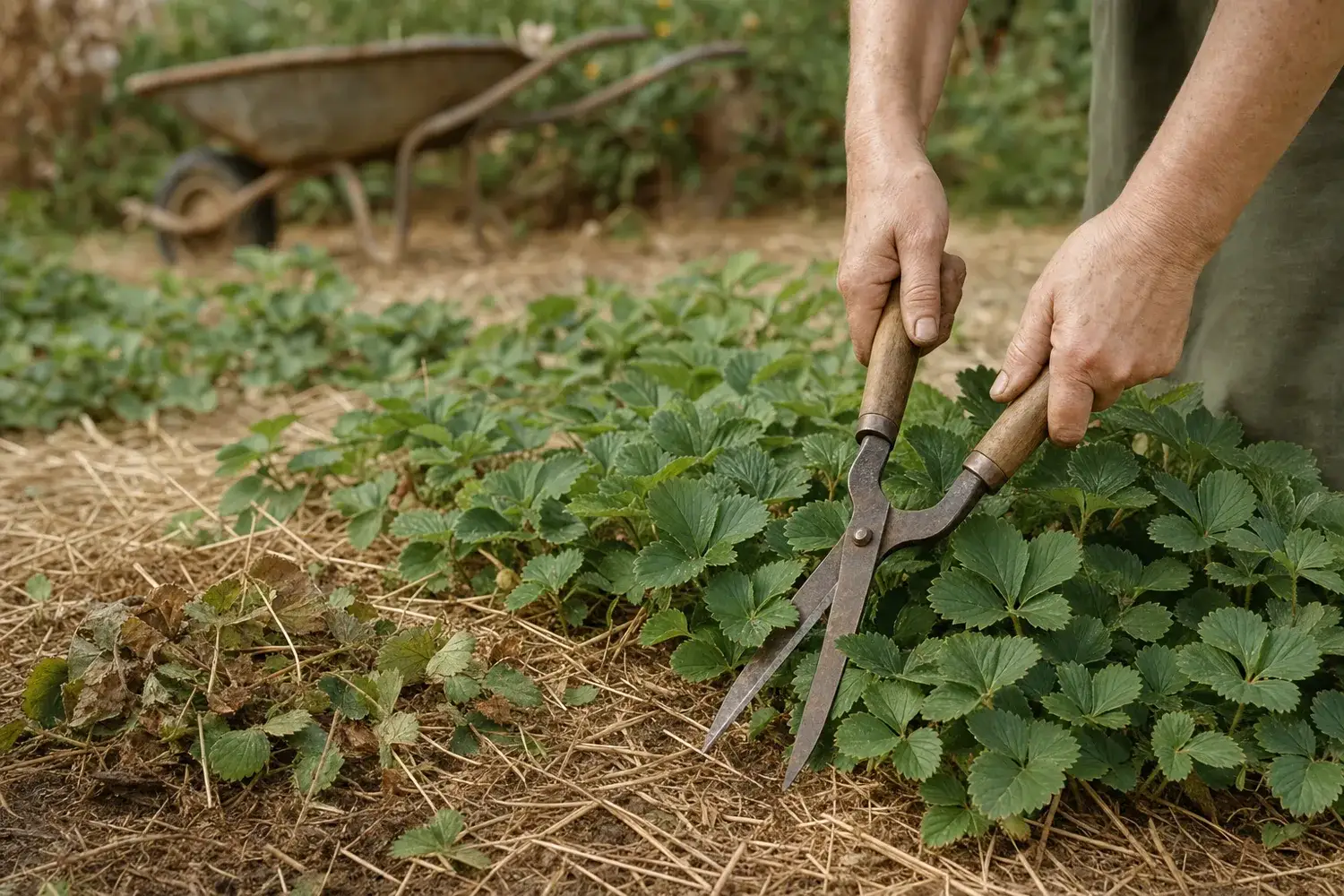 Mains rabattant des touffes vertes à la cisaille au-dessus d'un lit de paille claire, lumière rasante de fin de journée