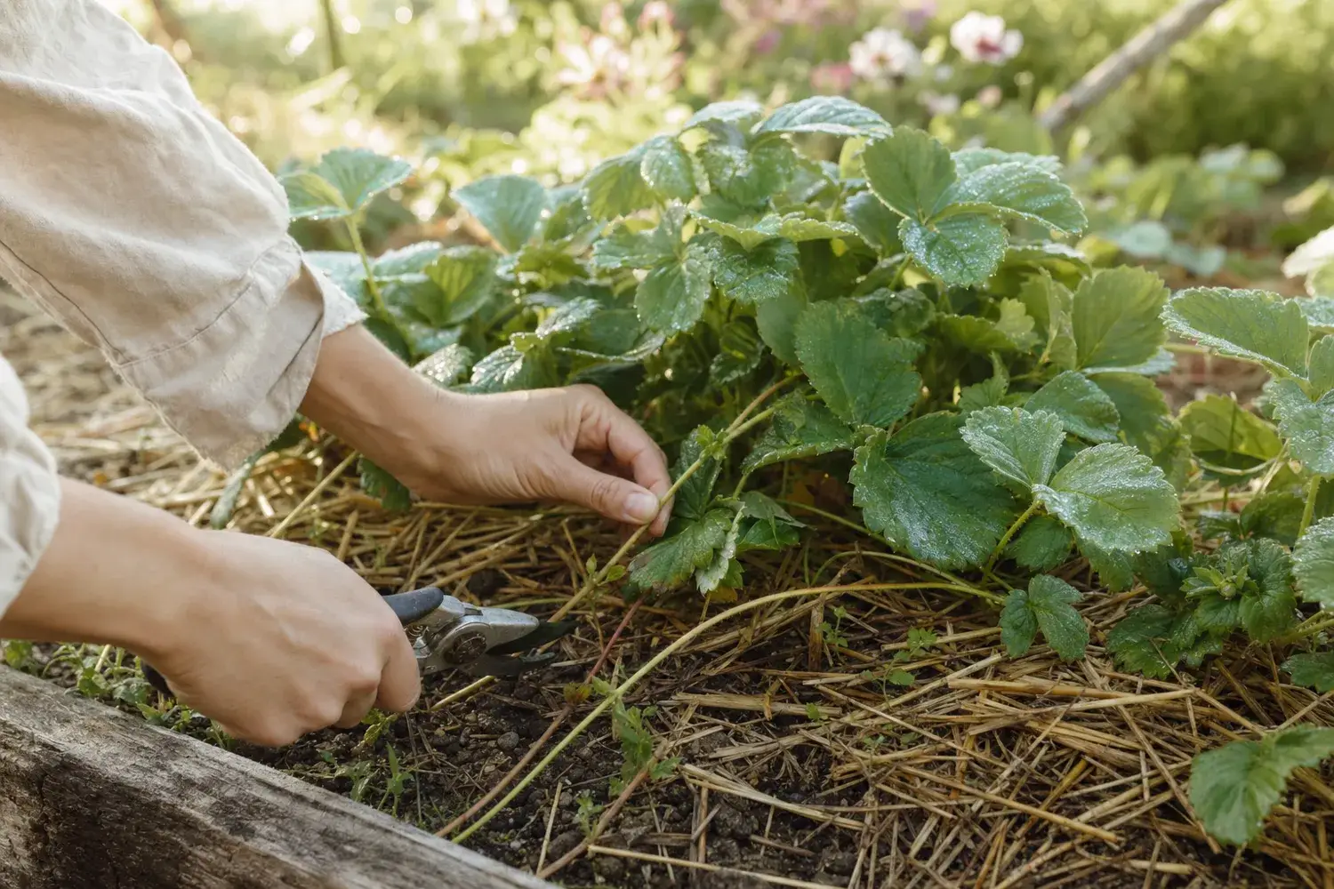 Entretien des fraisiers en été : taille d'un stolon au sécateur sur un rang paillé