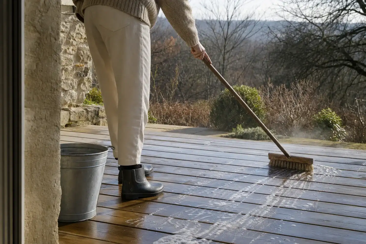 Brossage de printemps au savon noir, dans le sens des lames, pour entretenir une terrasse en bois