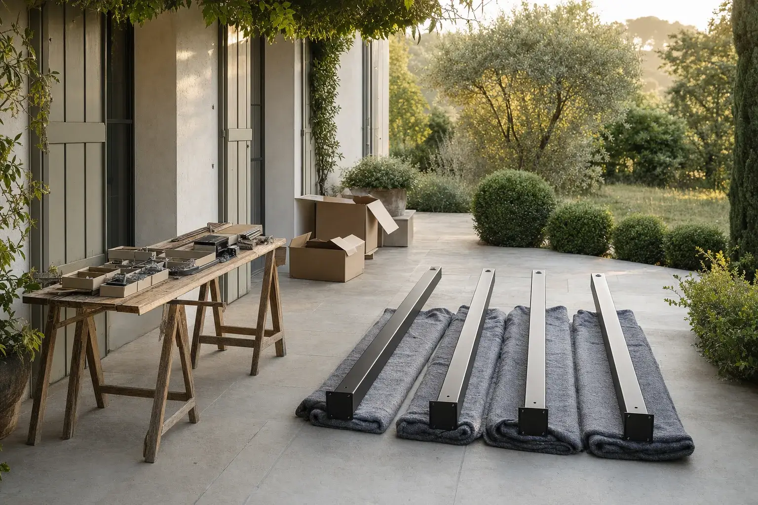 Piliers en aluminium et outils prêts sur la terrasse au petit matin, avant d'installer une pergola