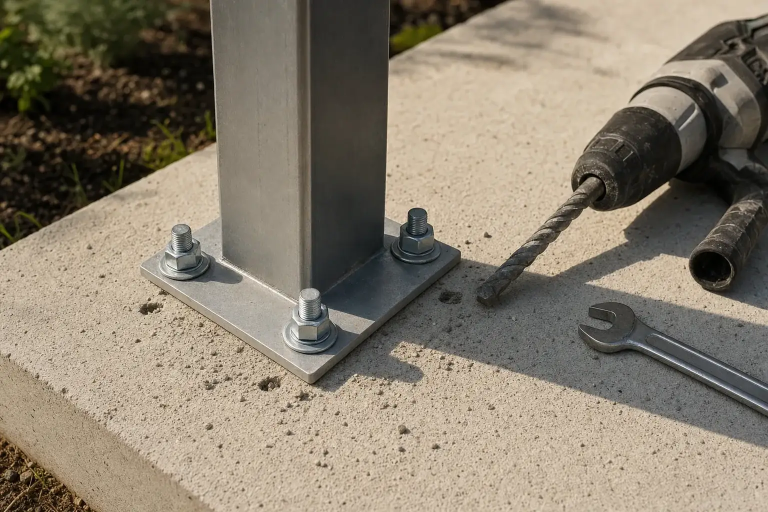 Platine de poteau fixée sur dalle béton par quatre goujons, perforateur et clé posés à côté
