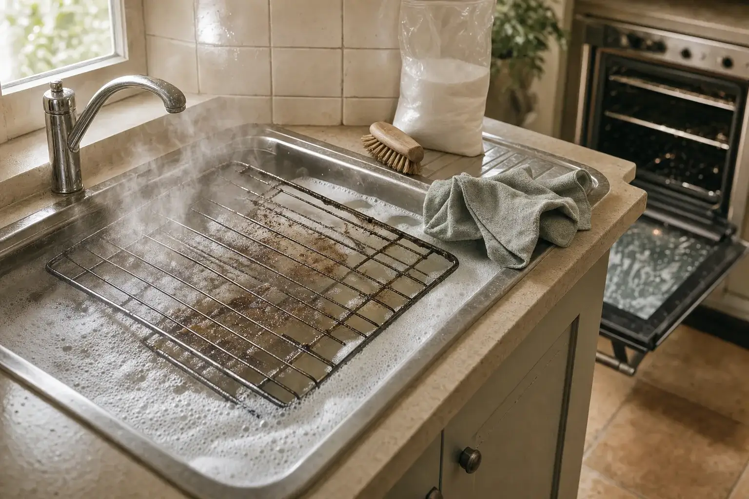 Grilles du four en trempage savonneux au fond de l'évier