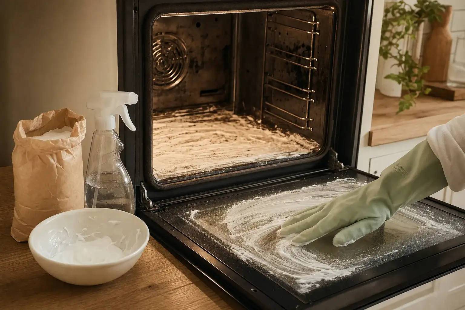 Pâte de bicarbonate étalée le soir sur les parois, la méthode douce pour nettoyer un four très encrassé