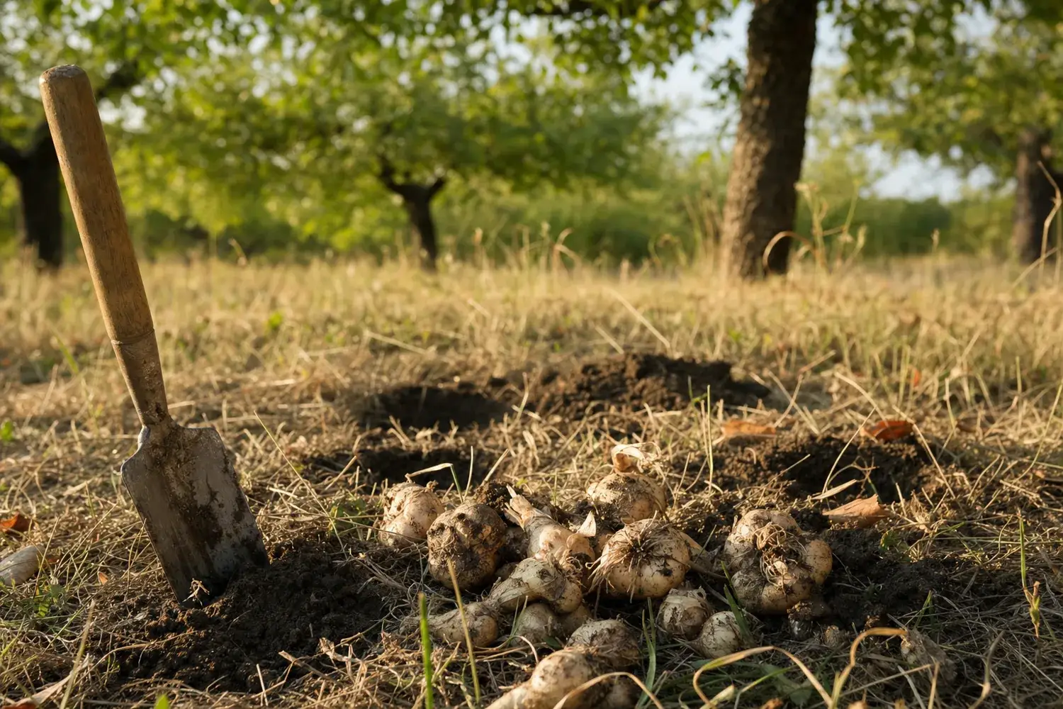 Bulbes de colchiques posés dans l'herbe près de trous de plantation