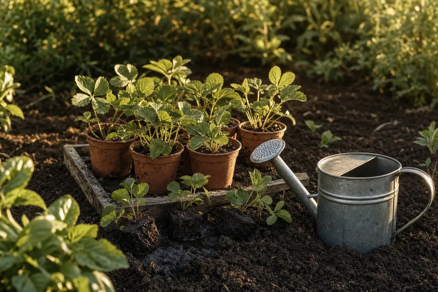 Plants de fraisiers en godets posés sur une planche de potager