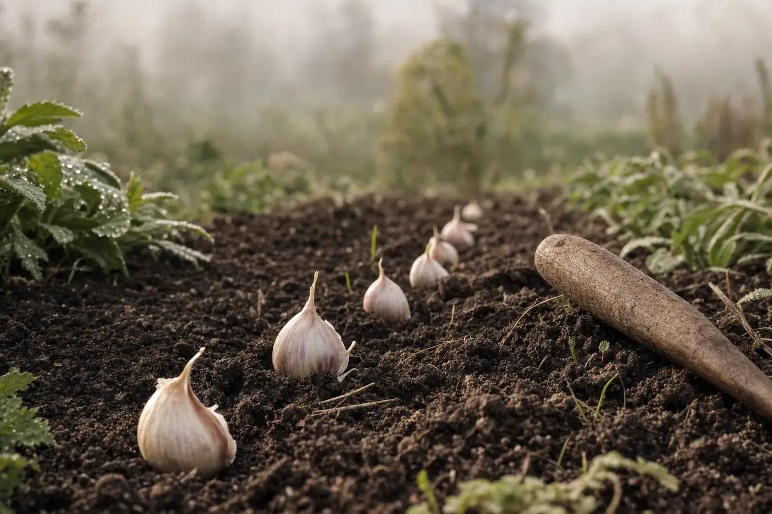 Caïeux d'ail posés sur la terre griffée d'un rang de potager