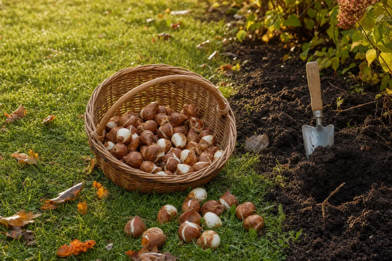 Bulbes de tulipes dans un panier en osier près d'une bordure ouverte