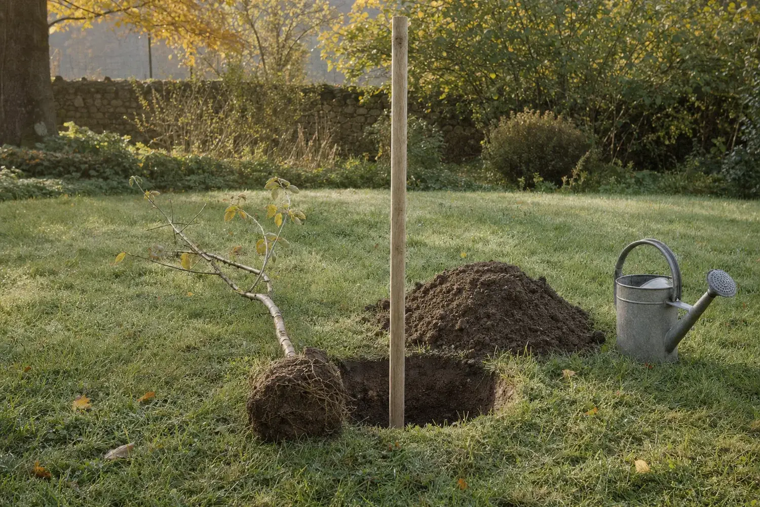 Scion et tuteur près d'un trou de plantation dans la lumière d'automne
