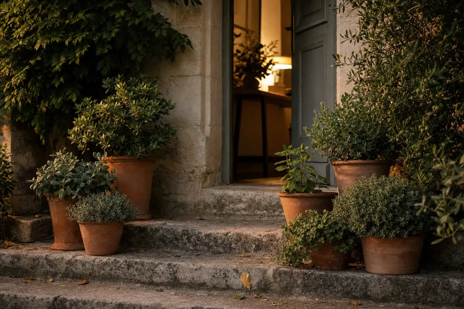 Plantes en pots rassemblées devant une porte d'entrée au soir