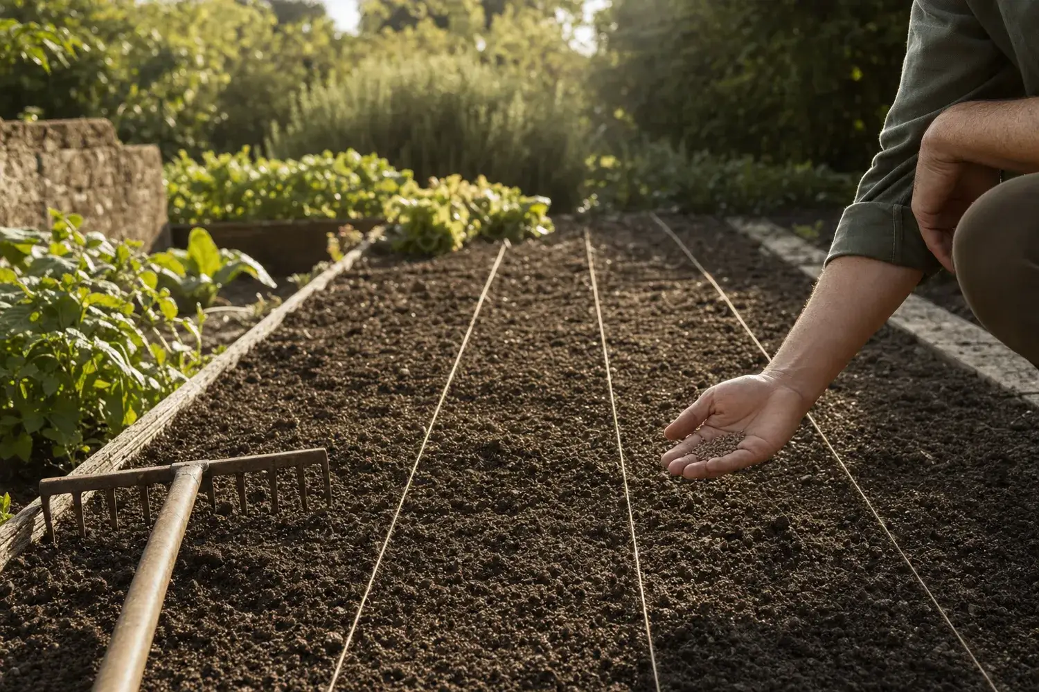 Lignes de semis sur une planche de potager ratissée en septembre