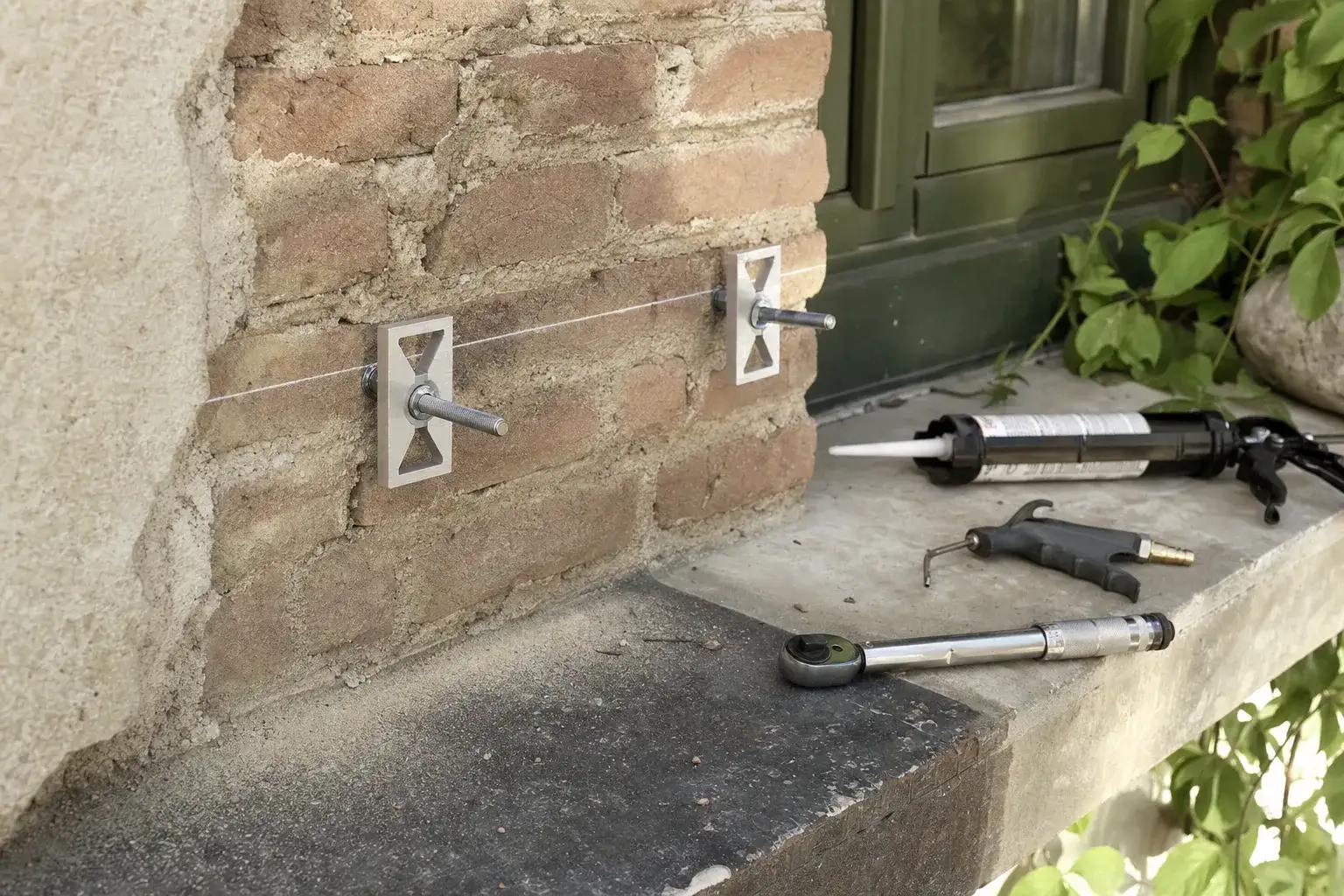 Supports en aluminium fixés sur tiges filetées scellées dans le mur, clé dynamométrique posée à côté
