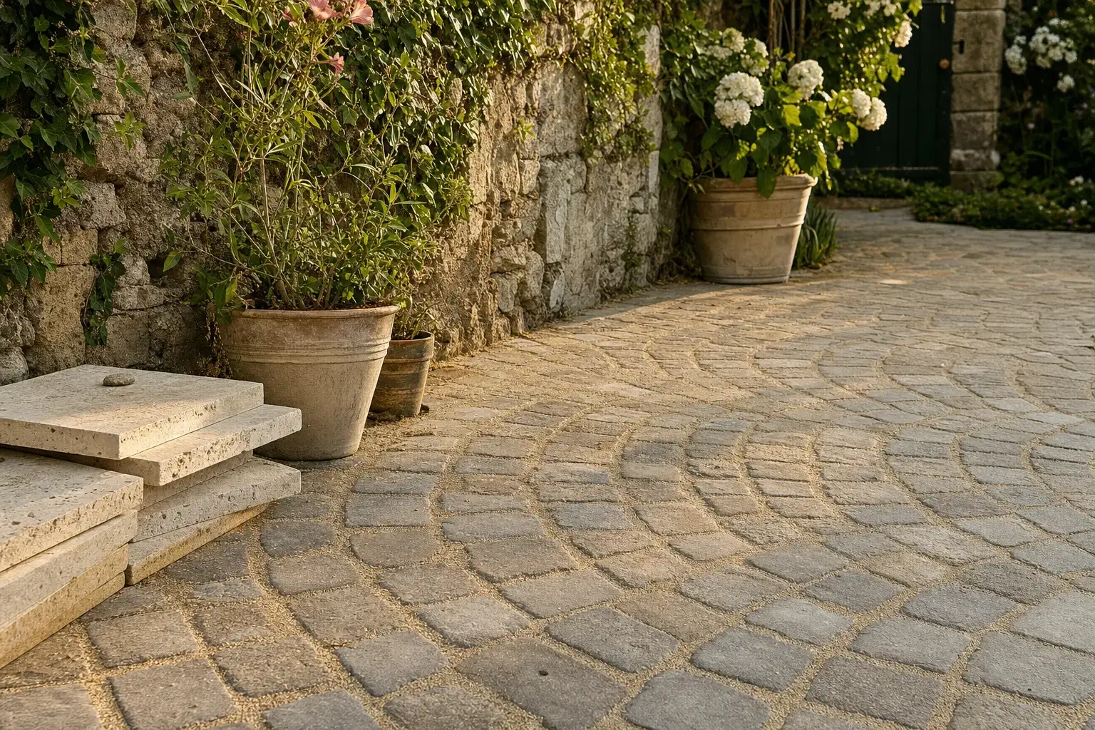 Pavés de grès patinés posés en éventail au pied d'un mur ancien de jardin