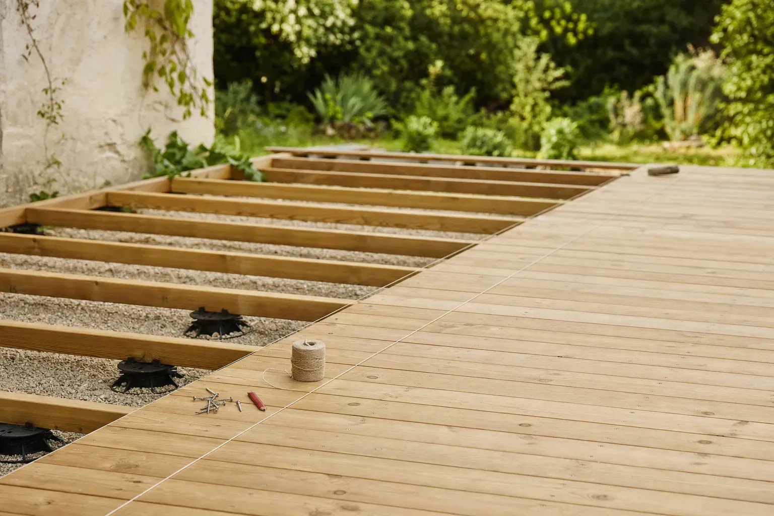 Pose d'une terrasse en bois avec mètre déroulé sur les lames, pour estimer le prix d'une terrasse au m2