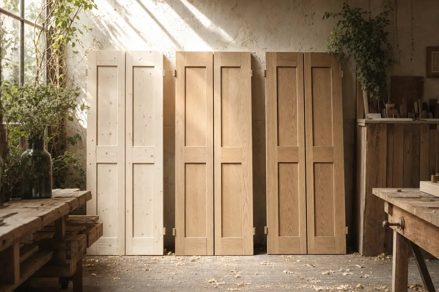 Trois paires de volets en bois de différentes essences alignées dans un atelier de menuisier, du sapin clair au chêne, illustrant les écarts de prix des volets en bois