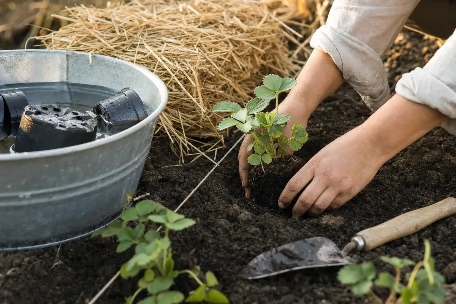 Mains installant un jeune plant de fraisier en pleine terre, le collet juste affleurant