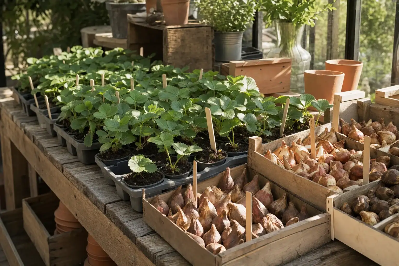 Godets de fraisiers sur l'étal d'une jardinerie à la mi-septembre, la bonne période pour planter les fraises