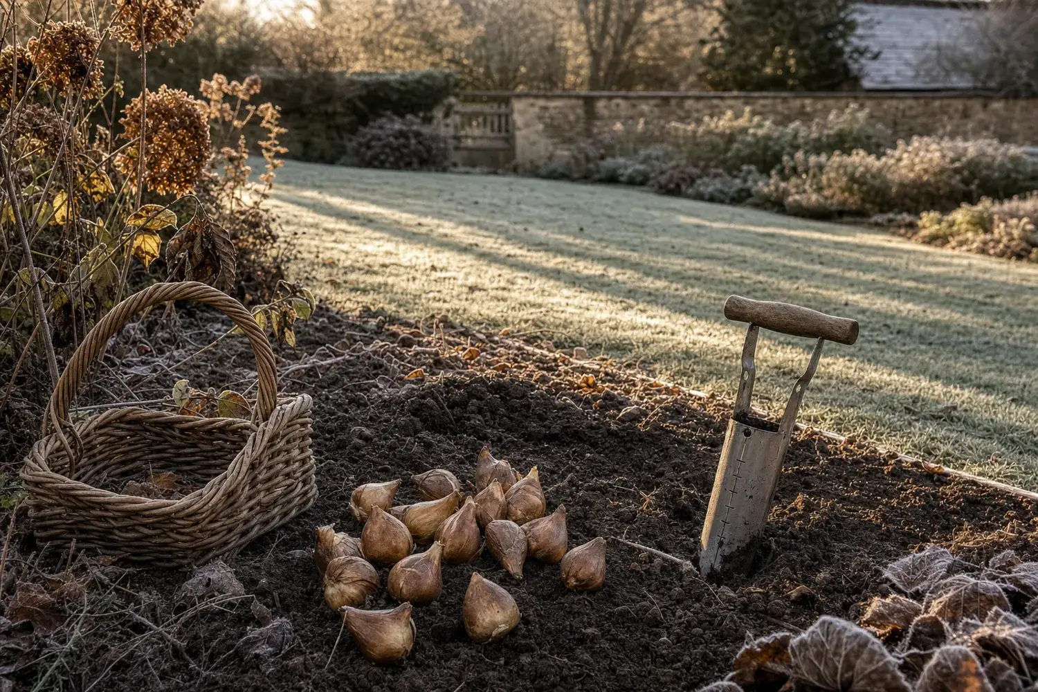 Bulbes de tulipes et plantoir posés sur la terre d'un massif, un matin de gelée blanche : le signal pour planter les tulipes