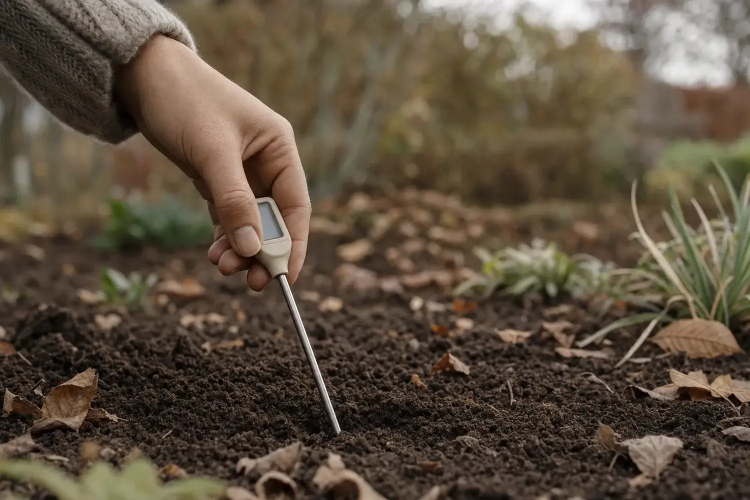 Main enfonçant une fine sonde métallique dans un terrain brun remué, à quelques centimètres de profondeur