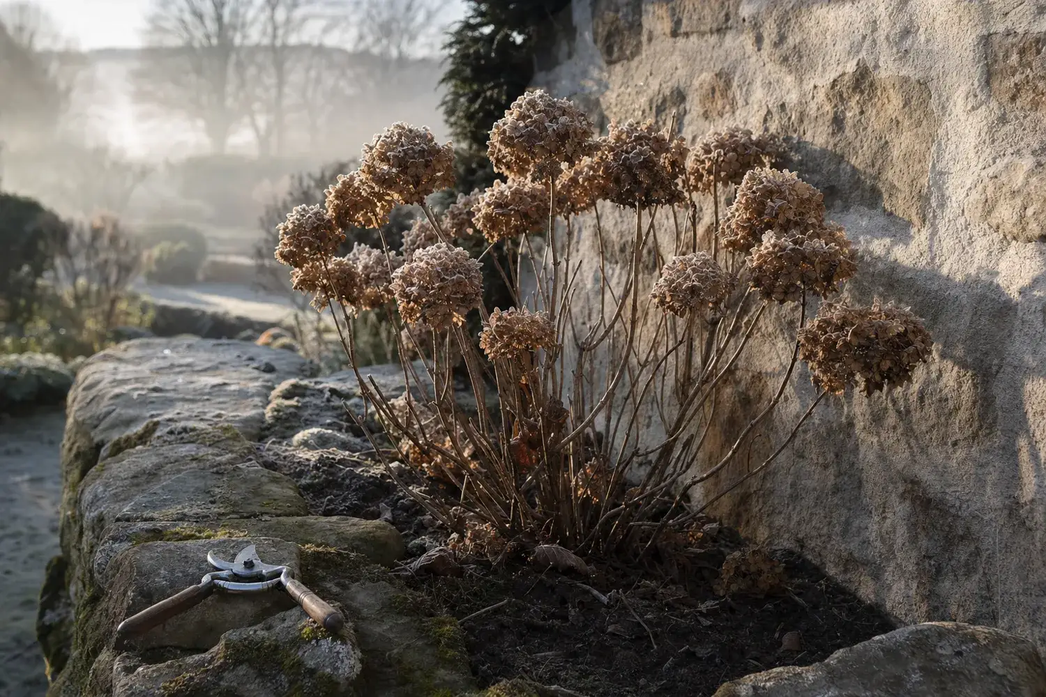 Vieilles inflorescences sèches d'un hortensia givré contre un mur de pierre, avant la taille de fin d'hiver