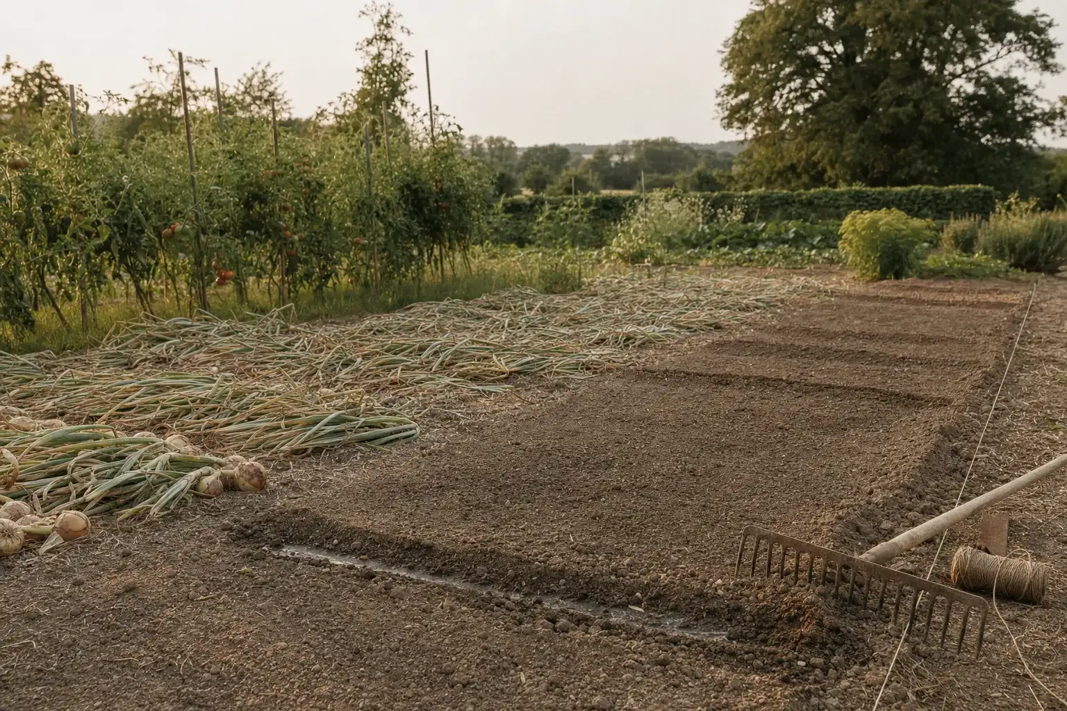 Planches de potager libérées derrière les oignons, prêtes pour ce qu'il faut planter en août