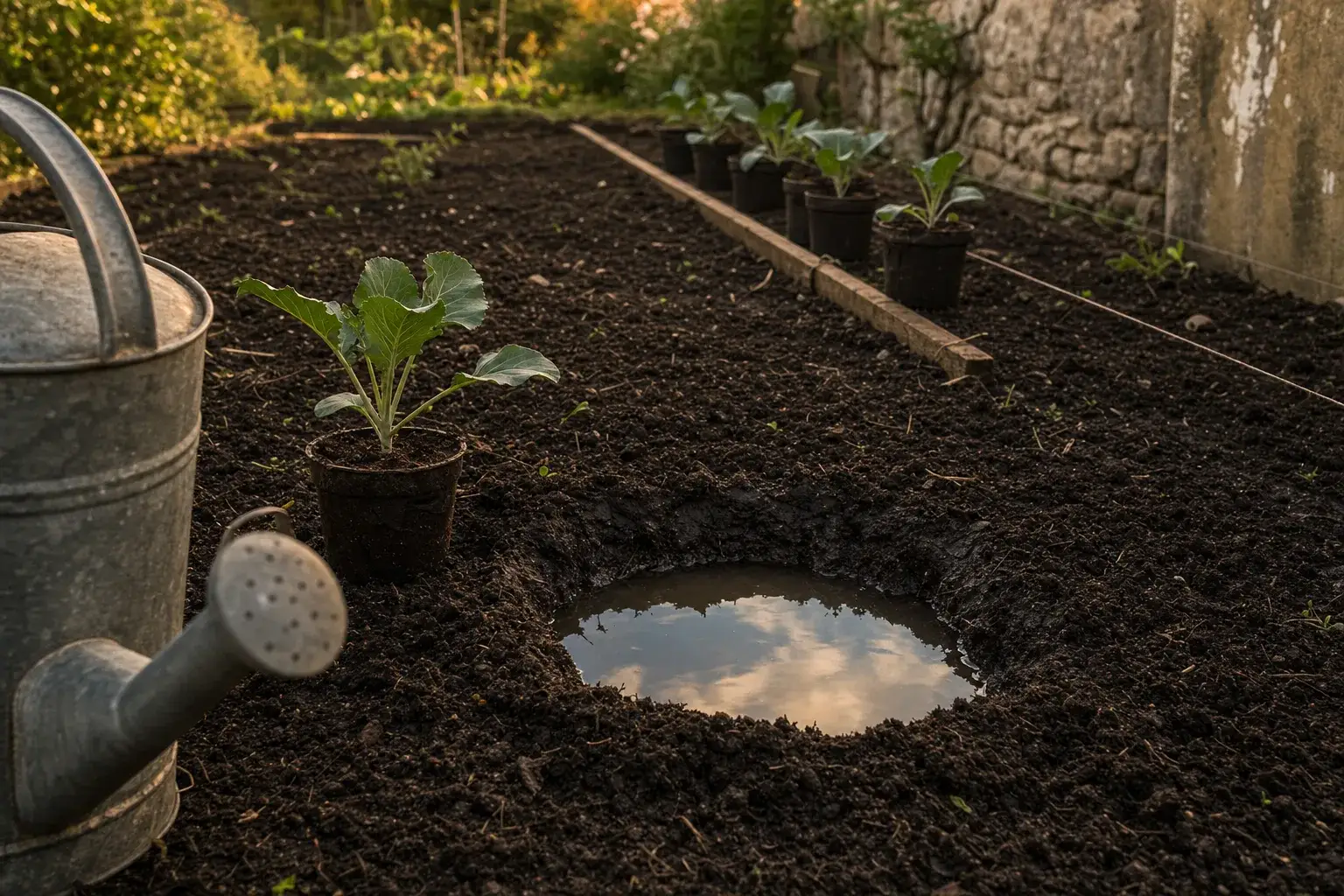 Jeune plant de chou en godet à côté d'un trou de plantation rempli d'eau, arrosoir en zinc posé sur la planche