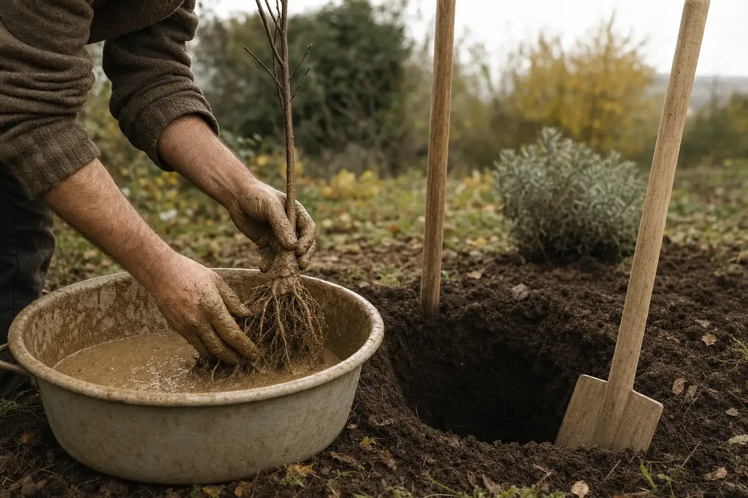 Deux mains trempent des tiges fines dans une bassine de boue épaisse, près d'un piquet de bois, sous une lumière grise et douce