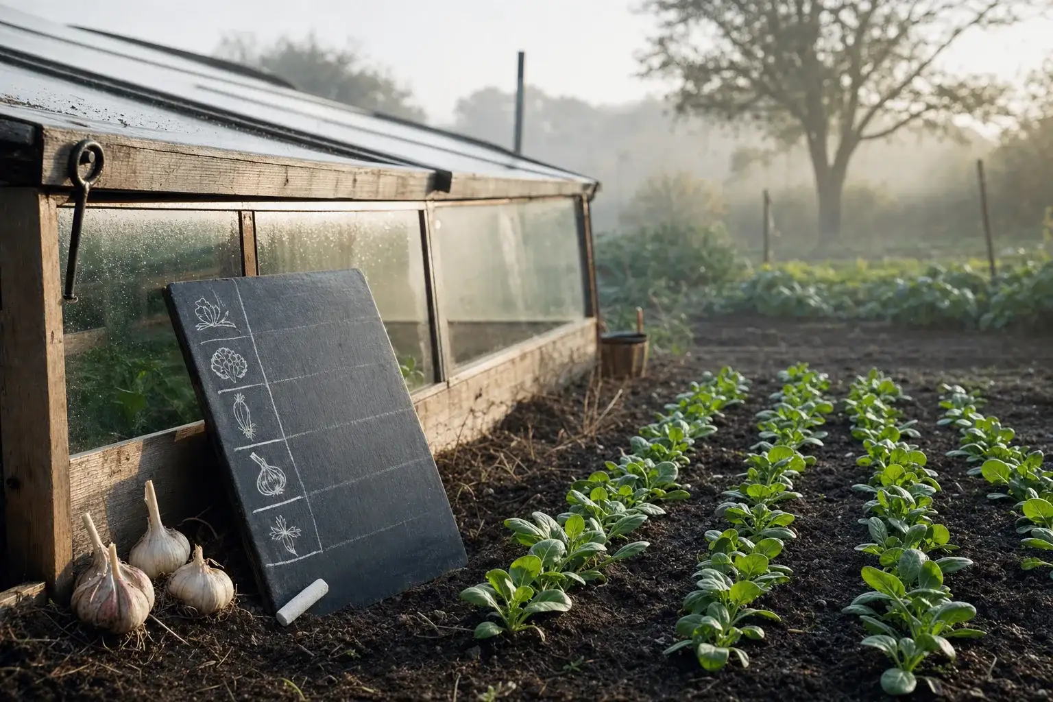 Ardoise de semis posée contre un châssis du potager, un matin d'octobre où l'on décide que planter en octobre