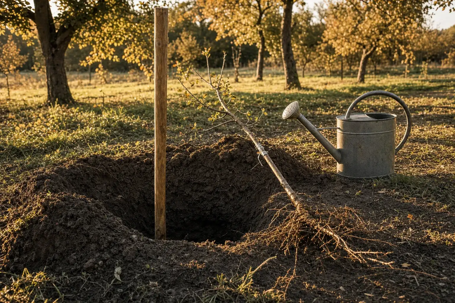 Scion à racines nues posé près d'un trou de plantation, tuteur en place et arrosoir en zinc au bord de la terre retournée