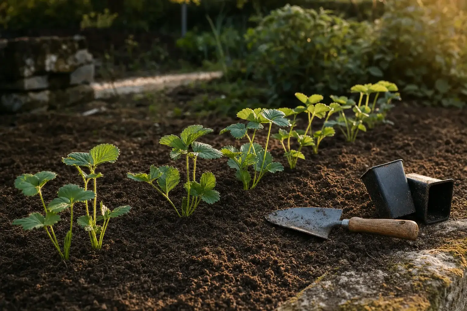 Jeunes plants de fraisiers repiqués en ligne dans une terre enrichie de compost, transplantoir posé au bord de la planche