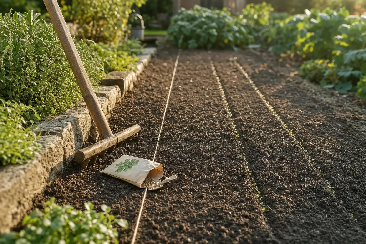 Semis de mâche en lignes sur une planche de potager, premier geste de ce qu'on peut planter en septembre