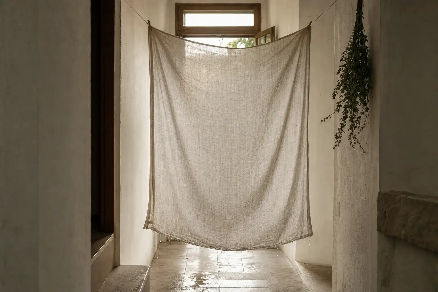 Drap de lin humide suspendu dans le couloir, gouttes au bas du tissu