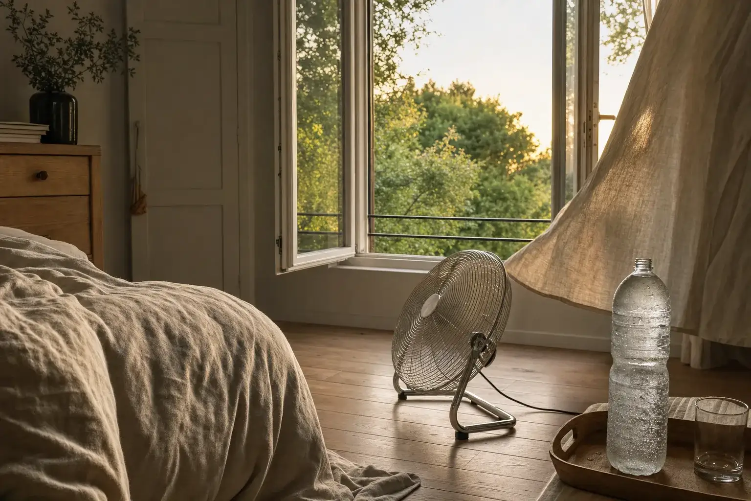 Ventilateur posé face à la fenêtre ouverte le soir, avec une bouteille d'eau congelée placée dans le flux d'air
