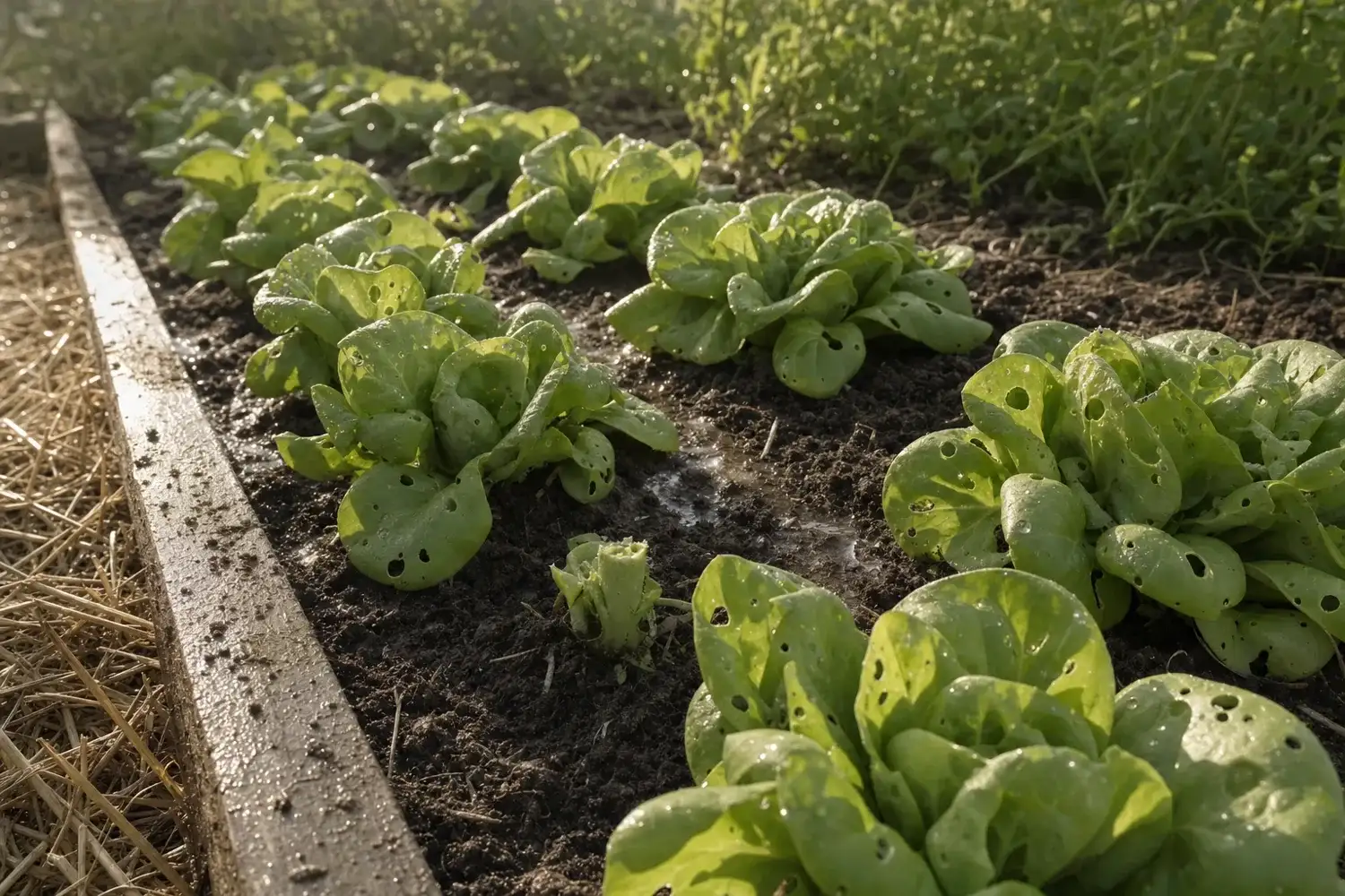 Rang de jeunes laitues aux feuilles percées et traînées de mucus argentées sur la terre, dégâts de limaces au potager relevés au petit matin