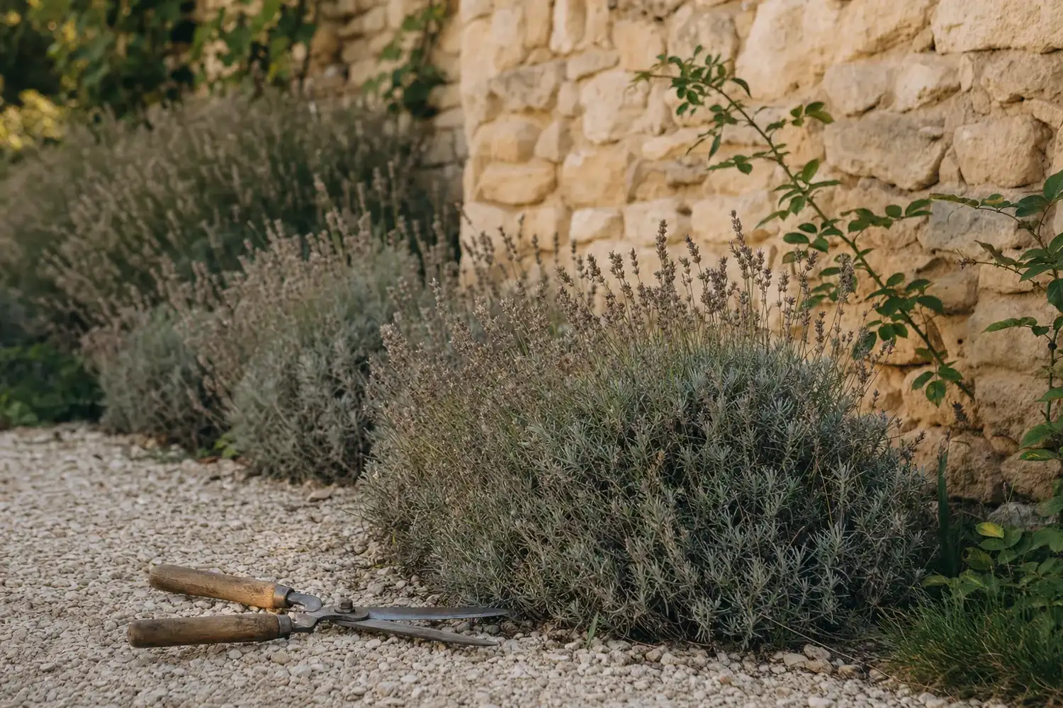 Bordure de lavandes défleuries aux épis gris et cisaille posée sur le gravier, le moment venu de tailler la lavande en fin d'été