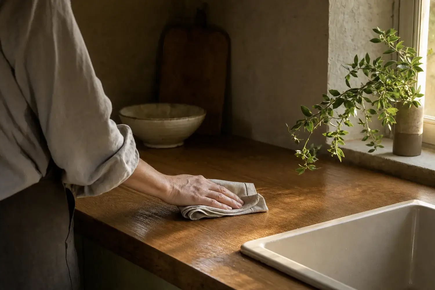 Main passant un chiffon plié sur une surface claire au veinage marqué, sous une lumière rasante de fin de journée