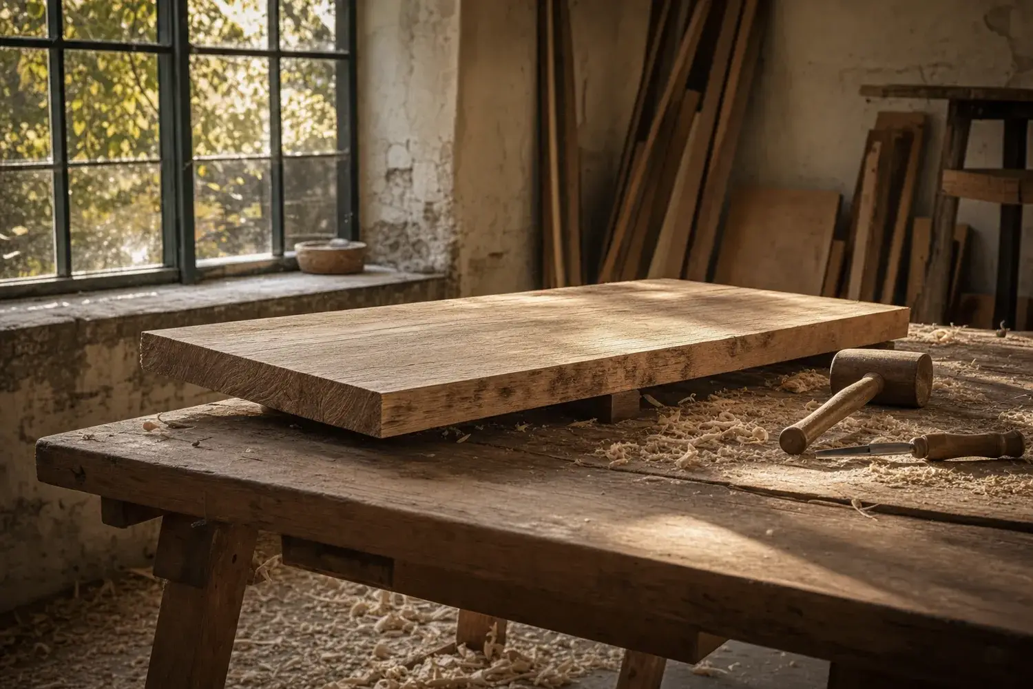 Planche de chêne brut posée sur des tréteaux d'atelier, point de départ d'une cuisine en chêne massif