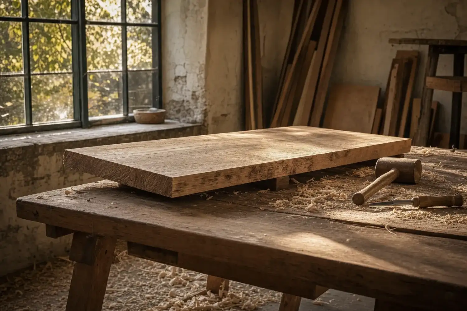Planche de chêne brut posée sur des tréteaux d'atelier, point de départ d'une cuisine en chêne massif