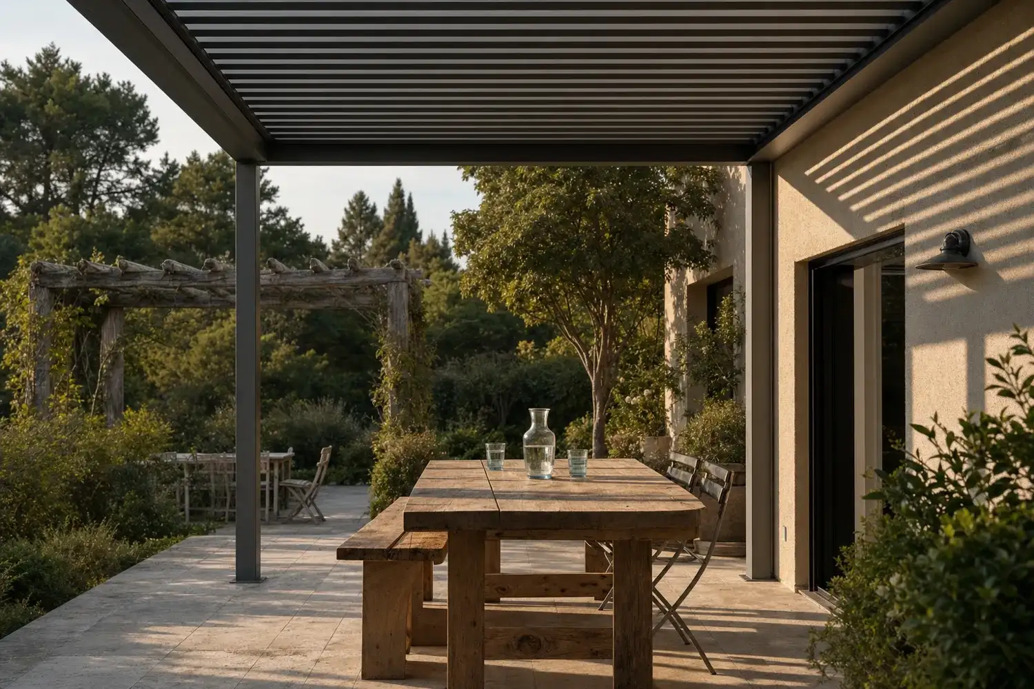 Quelle pergola choisir : terrasse d'été ombragée par des lames en aluminium, face à une ancienne structure en bois grisé au fond du jardin