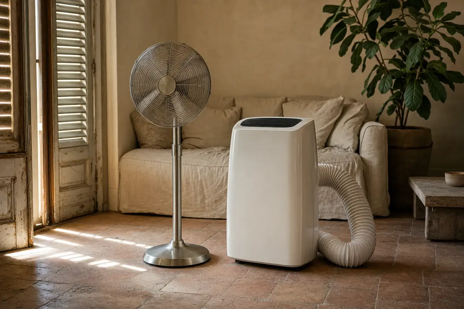 Ventilateur ou climatiseur : les deux appareils posés côte à côte dans la lumière chaude d'un salon en début d'été