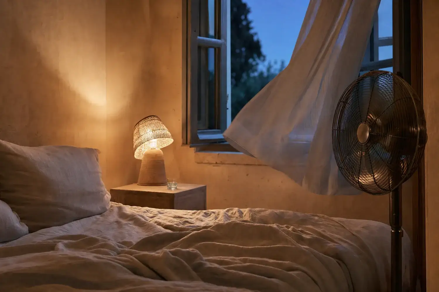 Draps de lin froissés dans la pénombre, halo chaud d'une lampe de chevet et rideau léger soulevé près de la fenêtre entrouverte